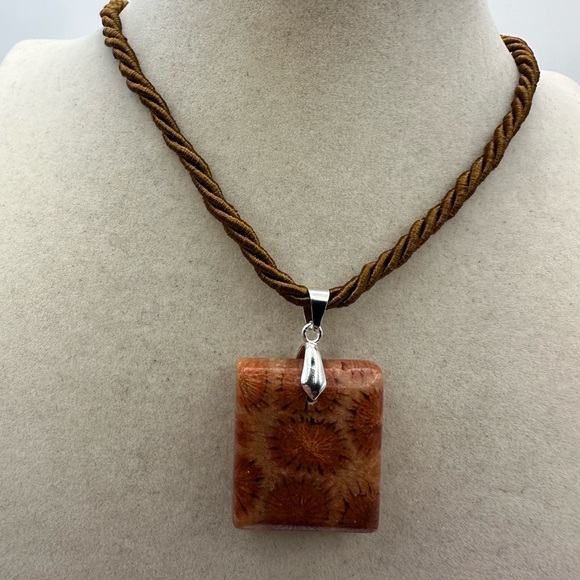 Coral Fossil Pendant Necklace on Brown Satin Polyester Rope - Picture 2 of 11